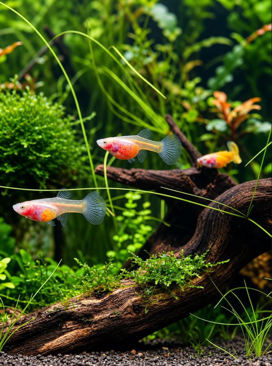 Glass Belly Guppys mit durchsichtigem Bauch zwischen Wasserpflanzen und Wurzel