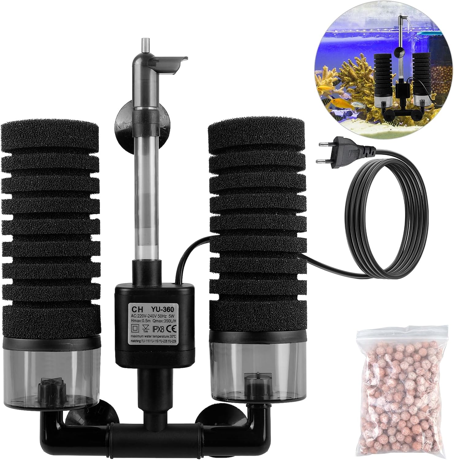 Aquarium Schwammfilter mit doppeltem Schwamm, Pumpe und Filtermaterial